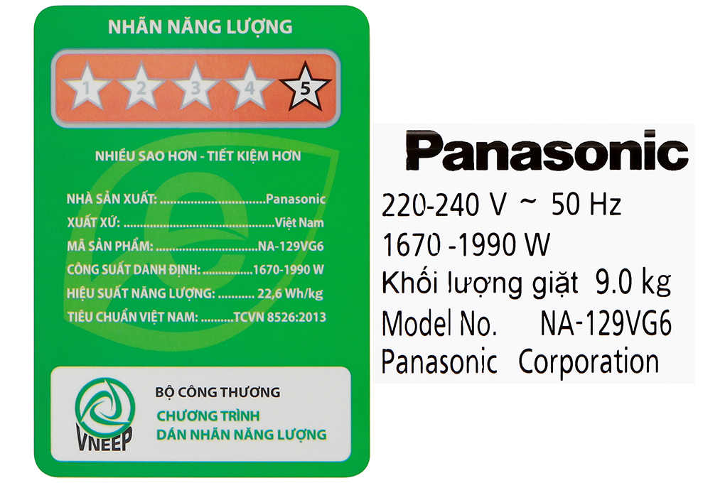 Máy giặt Panasonic Inverter 9 Kg NA-129VG6WV2 Màu Trắng