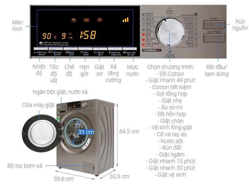 ThÃ´ng sá»‘ ká»¹ thuáº­t MÃ¡y giáº·t Panasonic Inverter 8 Kg NA-128VX6LV2