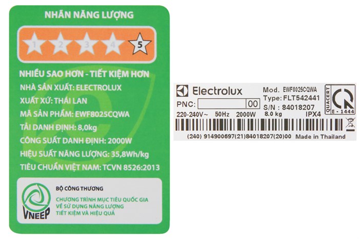 Máy giặt Electrolux Inverter 8 kg EWF8025CQWA Màu Trắng