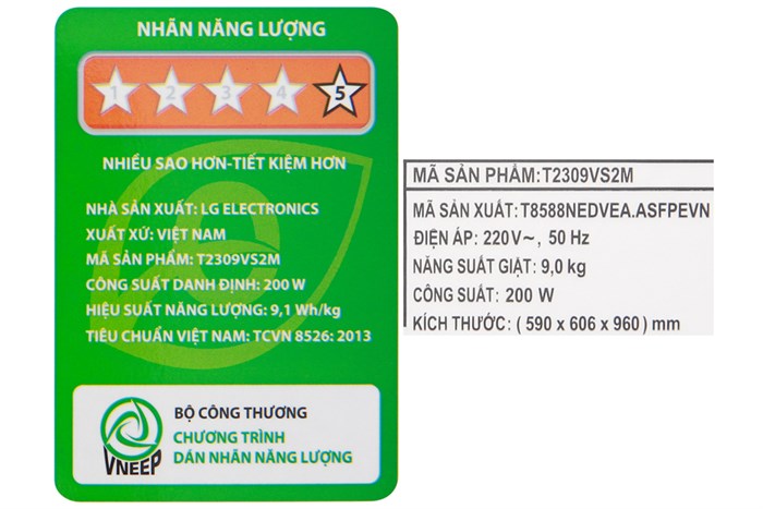 Máy giặt LG Inverter 9 Kg T2309VS2M Màu Trắng - Xám