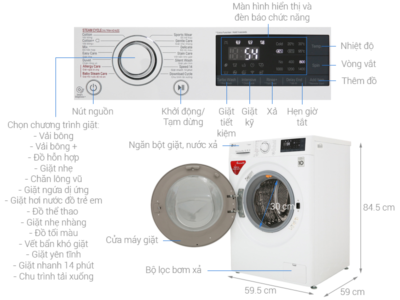 Thông số kỹ thuật Máy giặt LG Inverter 9 kg FC1409S3W1