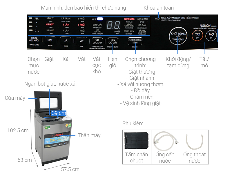Thông số kỹ thuật Máy giặt Toshiba 9.5 Kg AW-UH1050GV DS