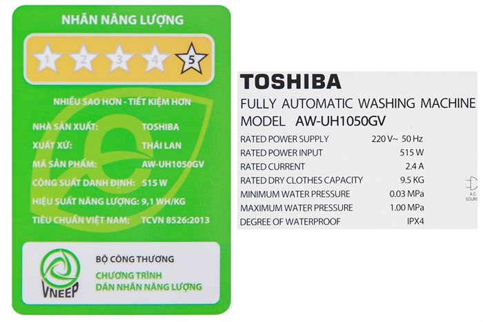Máy giặt Toshiba 9.5 Kg AW-UH1050GV DS Màu Xám