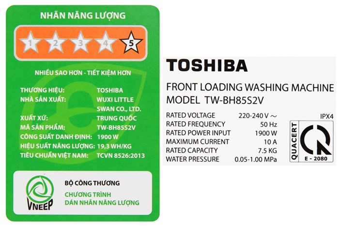 Máy giặt Toshiba Inverter 7.5 Kg TW-BH85S2V WK Màu Trắng
