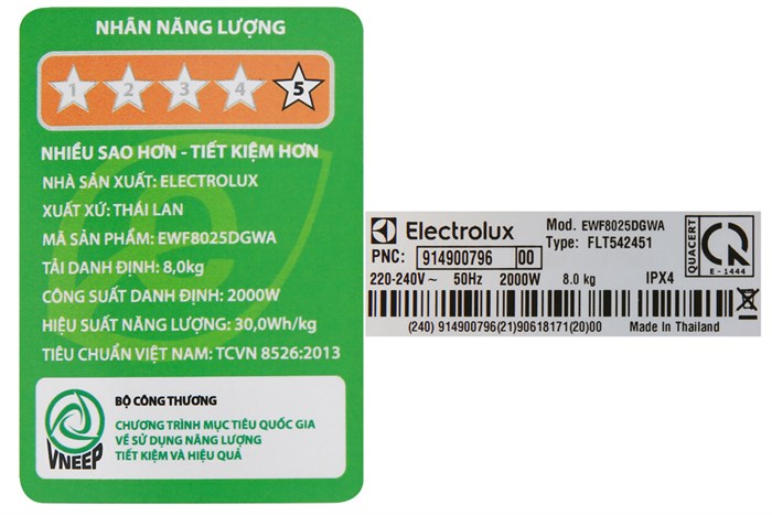 Máy giặt Electrolux Inverter 8 Kg EWF8025DGWA Màu Trắng