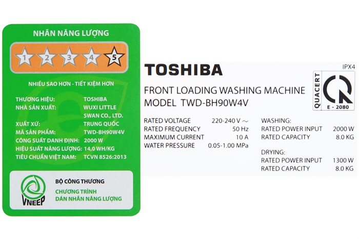 Máy giặt sấy Toshiba Inverter 8 Kg TWD-BH90W4V (SK) Màu Đen - Xám