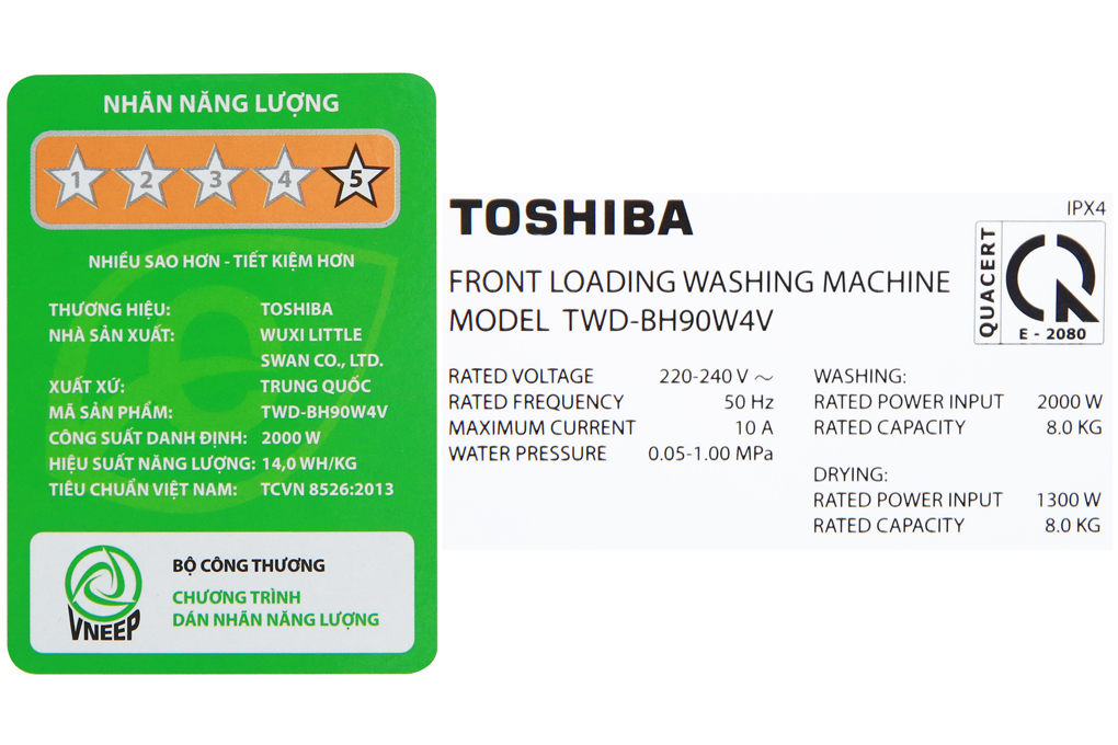 Máy giặt sấy Toshiba Inverter 8 Kg TWD-BH90W4V (SK) Màu Đen - Xám