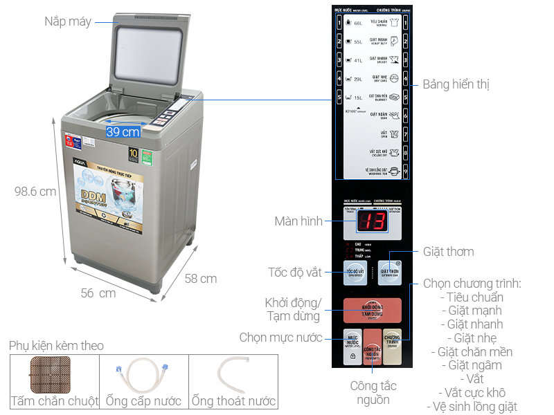 Thông số kỹ thuật Máy giặt Aqua Inverter 9 Kg AQW-DK90CT S