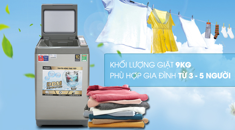 Khối lượng giặt 9 kg - Máy giặt Aqua Inverter 9 Kg AQW-DK90CT S