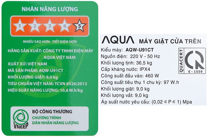 Máy giặt Aqua 9 Kg AQW-U91CT N Màu Vàng
