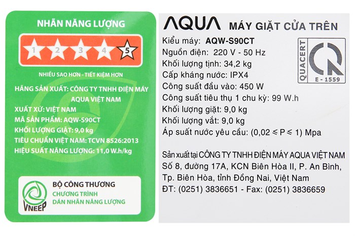 Máy giặt Aqua 9 Kg AQW-S90CT H2 Màu Xám