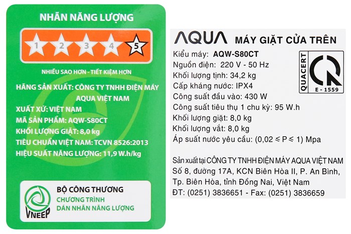 Máy giặt Aqua 8 Kg AQW-S80CT H2 Màu Xám