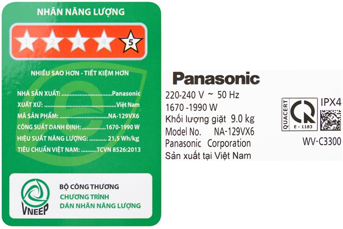 Máy giặt Panasonic Inverter 9 Kg NA-129VX6LV2 Màu Xám