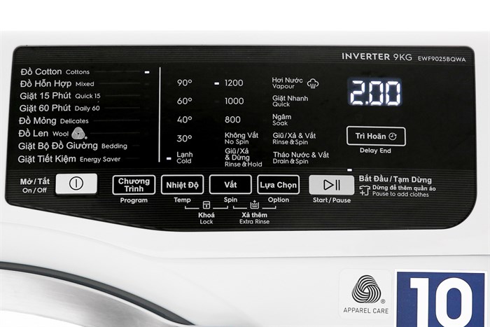 Máy giặt Electrolux Inverter 9 kg EWF9025BQWA Màu Trắng