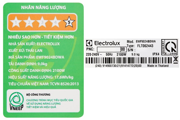 Máy giặt Electrolux Inverter 9 kg EWF9024BDWA Màu Trắng