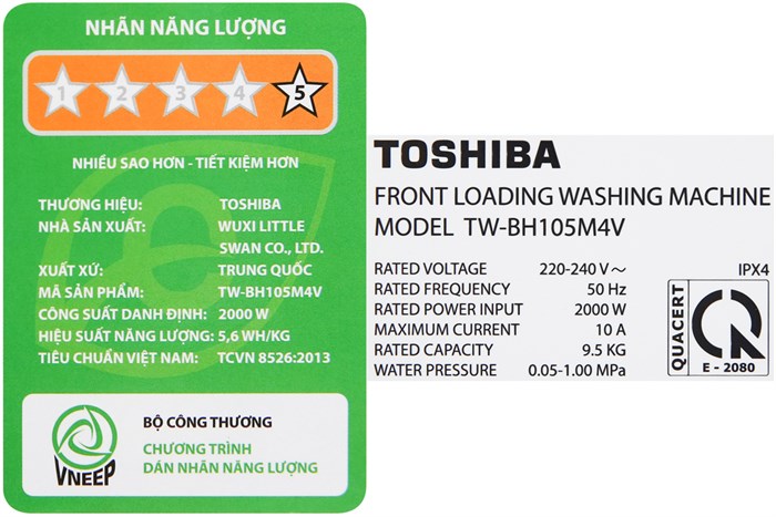 Máy giặt Toshiba Inverter 9.5 kg TW-BH105M4V SK Màu Đen - Xám