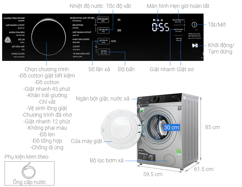 Thông số kỹ thuật Máy giặt Toshiba Inverter 8.5 kg TW-BH95M4V SK