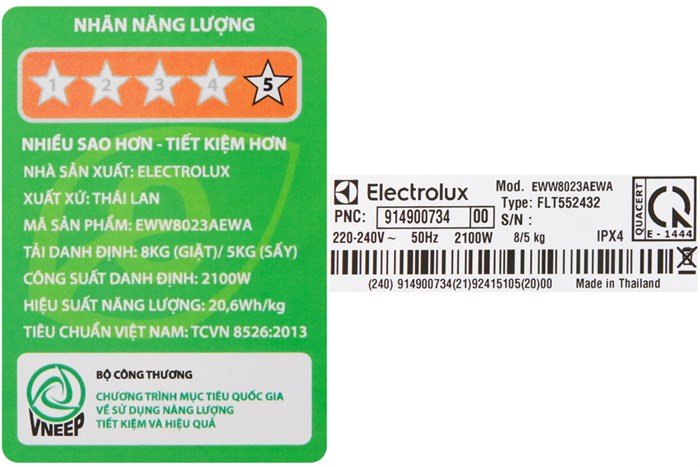 Máy giặt sấy Electrolux Inverter giặt 8 kg - sấy 5 kg EWW8023AEWA Màu Trắng