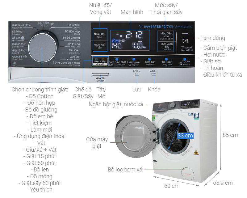 Thông số kỹ thuật Máy giặt sấy Electrolux Inverter 10 kg EWW1042AEWA