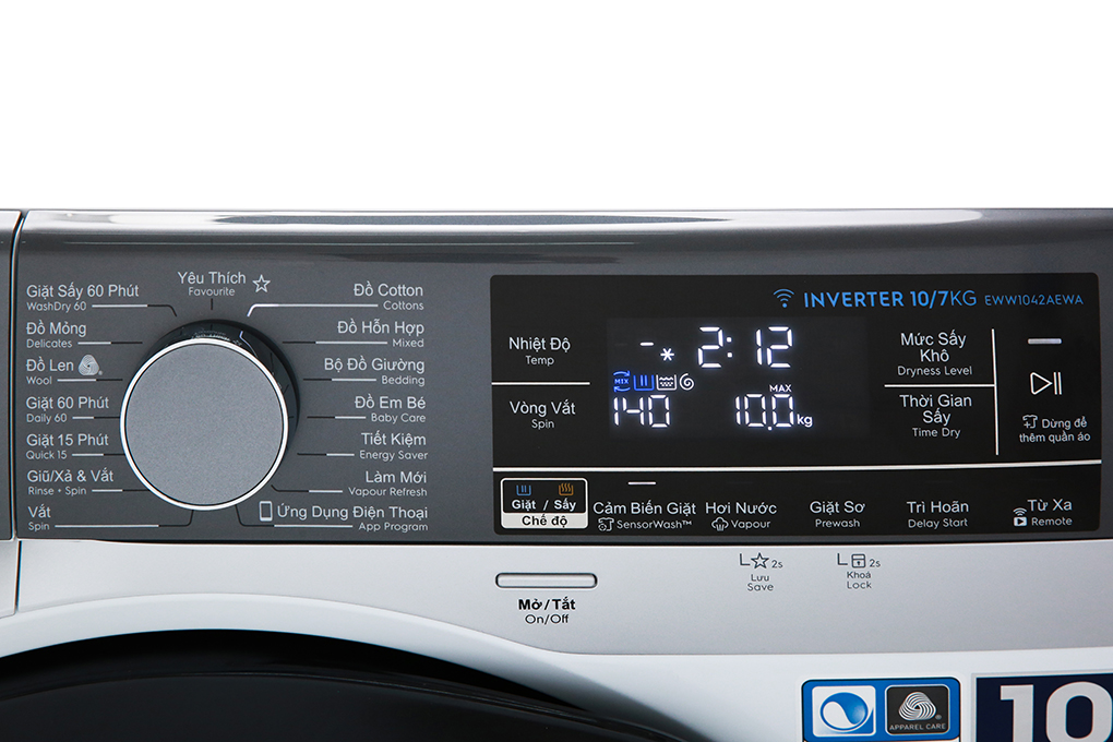 Máy giặt sấy Electrolux Inverter giặt 10 kg - sấy 7 kg EWW1042AEWA Màu Trắng