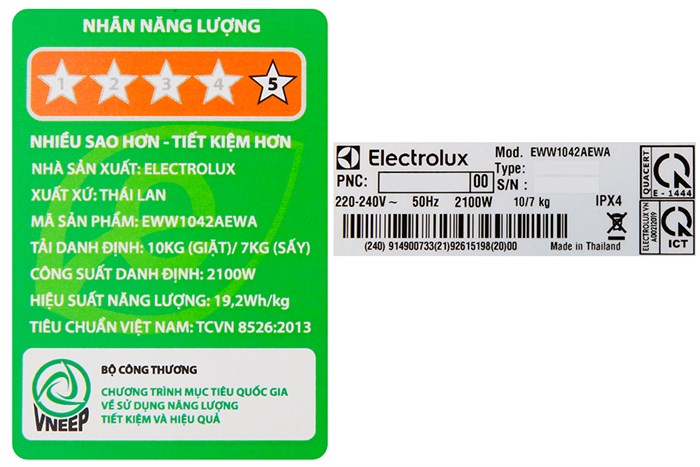 Máy giặt sấy Electrolux Inverter giặt 10 kg - sấy 7 kg EWW1042AEWA Màu Trắng