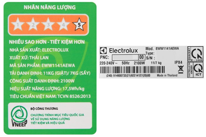 Máy giặt sấy Electrolux Inverter giặt 11 kg - sấy 7 kg EWW1141AEWA Màu Trắng