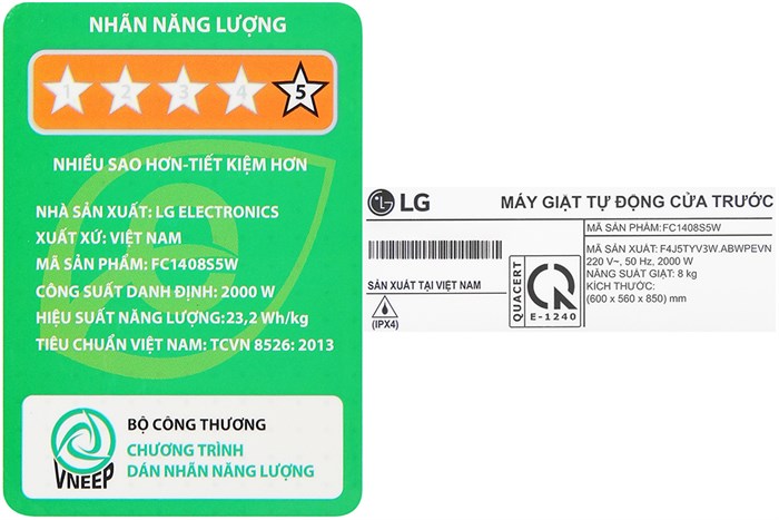 Máy giặt LG Inverter 8 kg FC1408S5W Màu Trắng