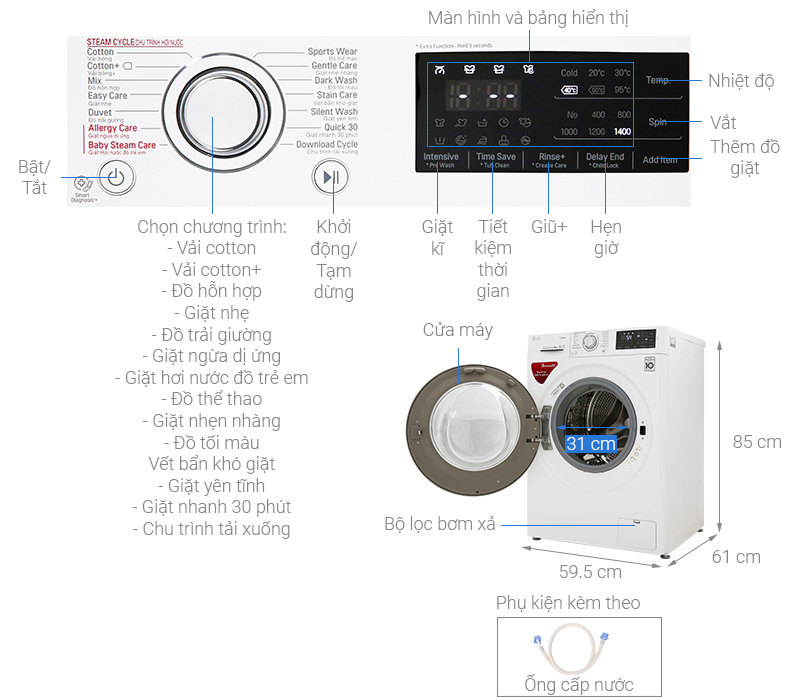 Thông số kỹ thuật Máy giặt LG Inverter 9 kg FC1409S4W