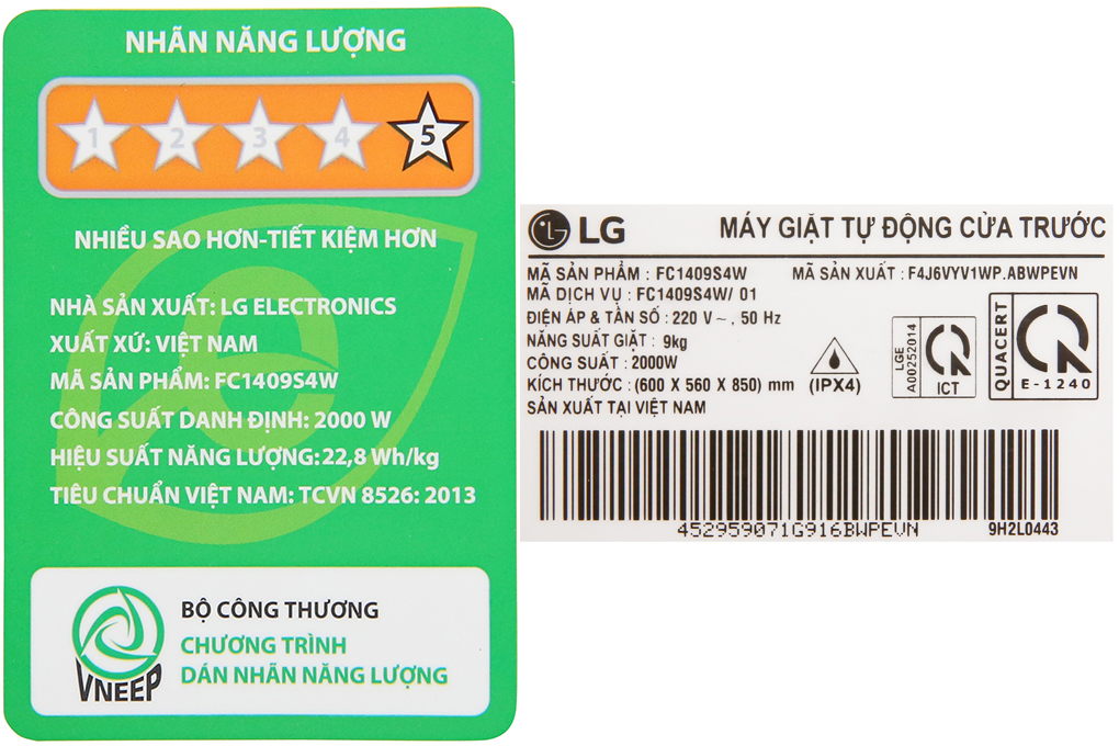 Máy giặt LG Inverter 9 kg FC1409S4W Màu Trắng