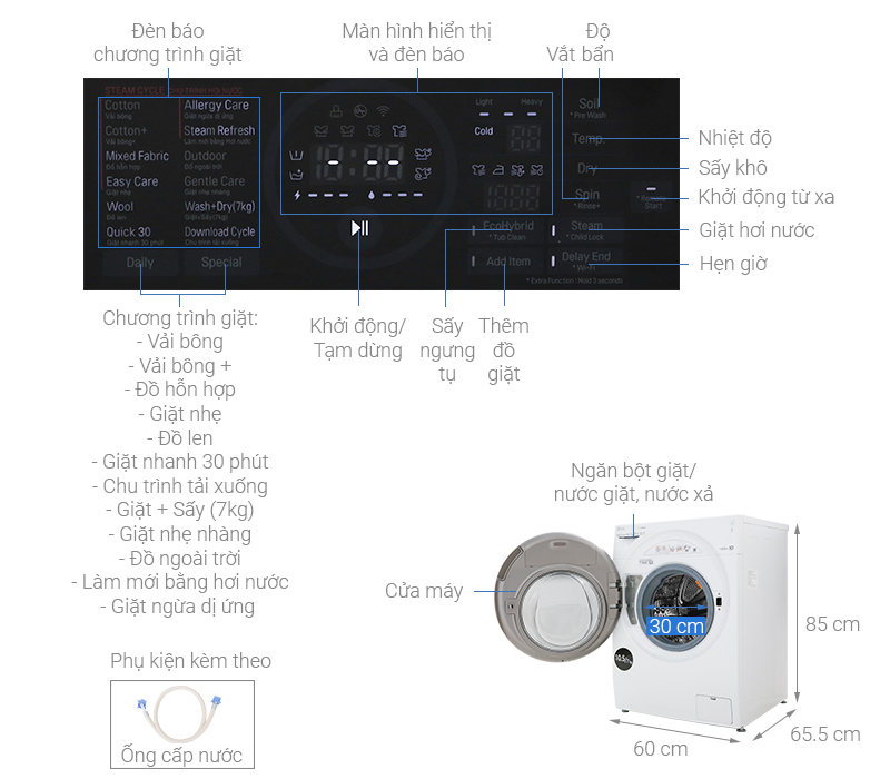 Thông số kỹ thuật Máy giặt sấy LG Inverter 10.5 kg FG1405H3W1