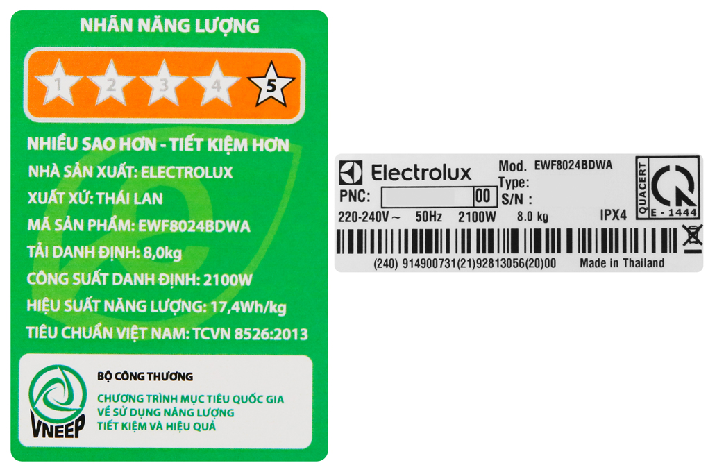Máy giặt Electrolux Inverter 8 kg EWF8024BDWA Màu Trắng