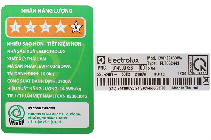 Máy giặt Electrolux Inverter 10 kg EWF1024BDWA Màu Trắng