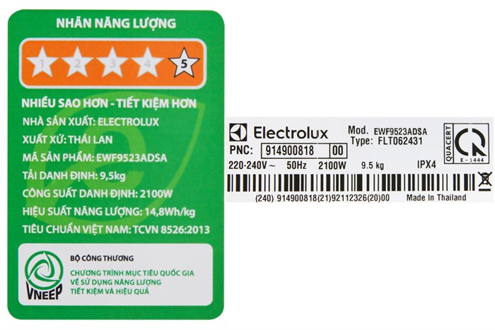 Máy giặt Electrolux Inverter 9.5 kg EWF9523ADSA Màu Bạc