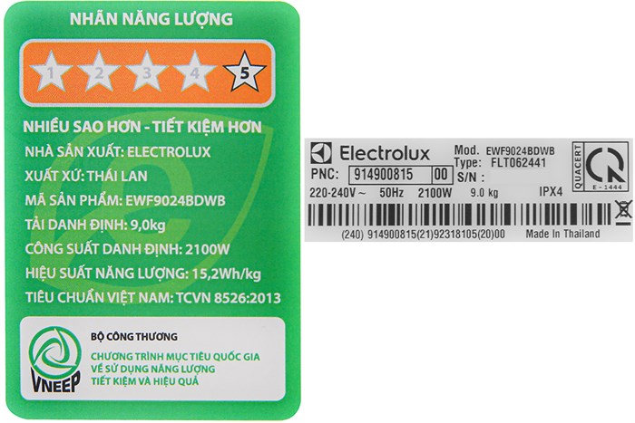 Máy giặt Electrolux Inverter 9 kg EWF9024BDWB Màu Trắng