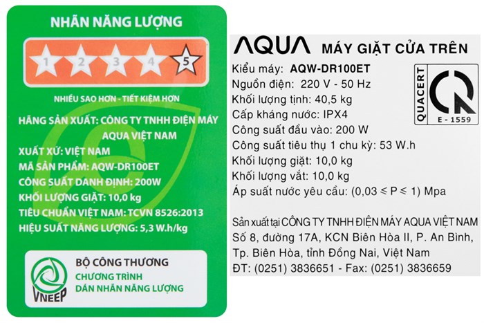 Máy giặt Aqua Inverter 10 Kg AQW-DR100ET S Màu Bạc