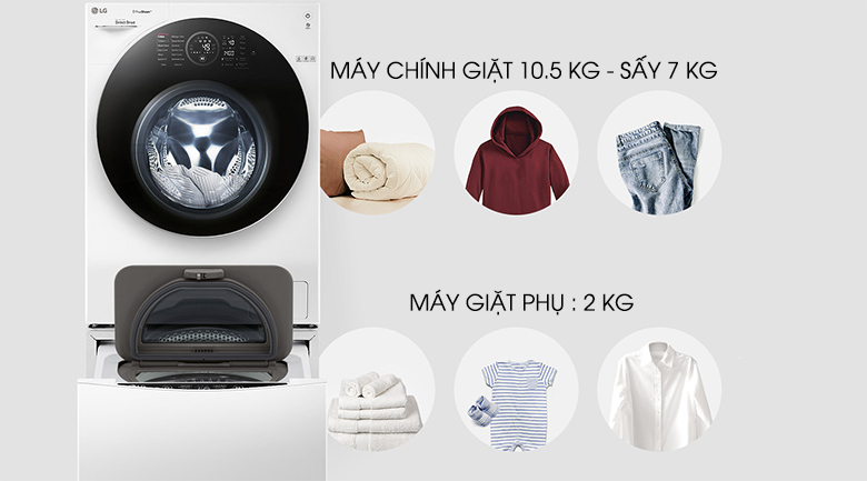 Khối lượng giặt sấy - Máy giặt sấy LG TWINWash Inverter 10.5 kg FG1405H3W1 & TG2402NTWW