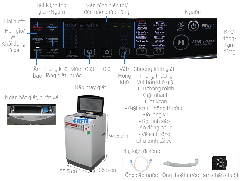 Thông số kỹ thuật Máy giặt LG Inverter 12 kg TH2112SSAV
