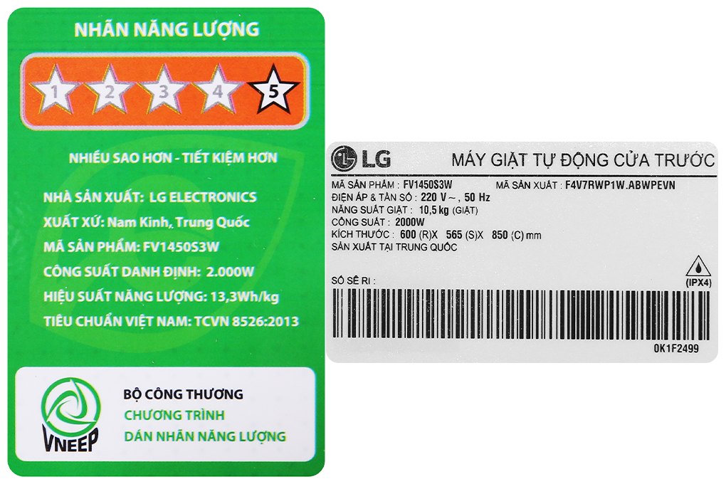 Máy giặt LG Inverter 10.5 kg FV1450S3W Màu Trắng