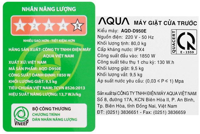 Máy giặt Aqua Inverter 9.5 kg AQD-D950E W