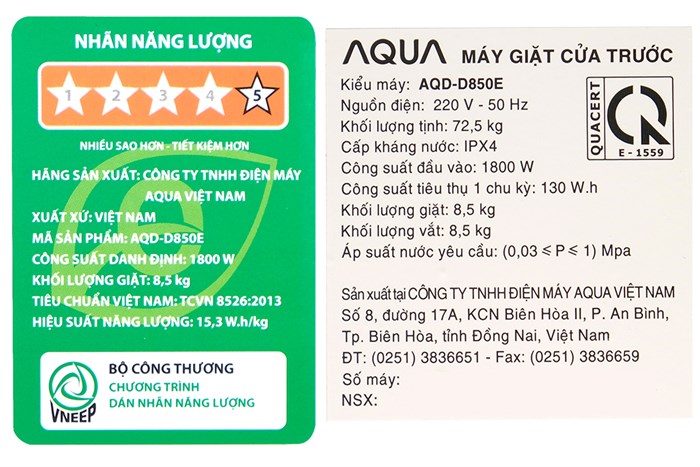Máy giặt Aqua Inverter 8.5 kg AQD-D850E W Màu Trắng