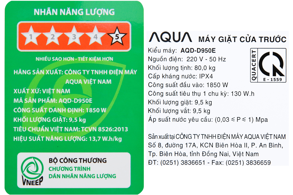 Máy giặt Aqua Inverter 9.5 kg AQD-D950E N Màu Vàng đồng