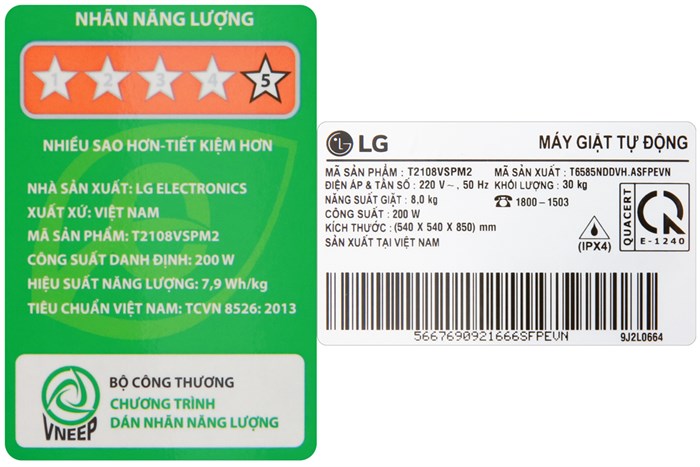 Máy giặt LG Inverter 8 kg T2108VSPM2 Màu Bạc