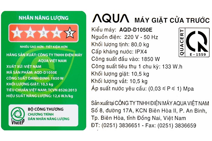 Máy giặt Aqua Inverter 10.5 kg AQD-D1050E N Màu Vàng đồng