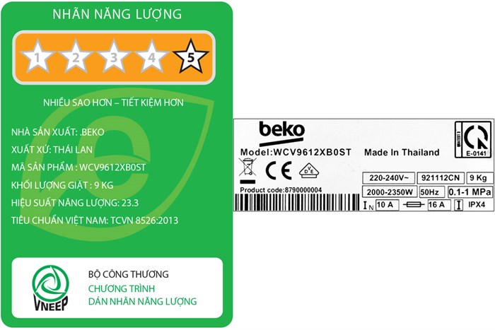 Máy giặt Beko Inverter 9 kg WCV9612XB0ST Màu Trắng
