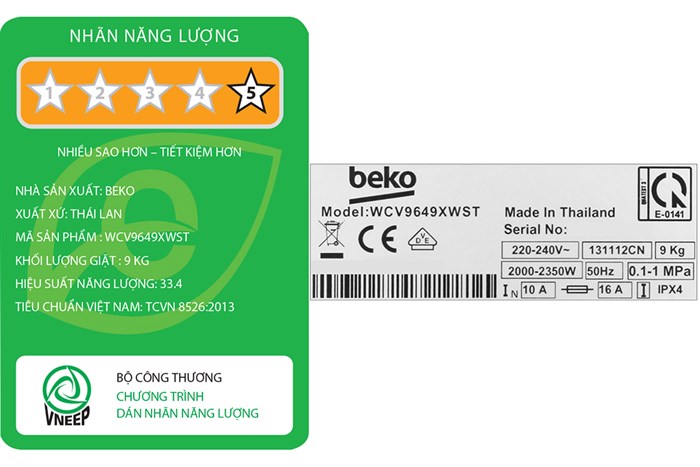 Máy giặt Beko Inverter 9 kg WCV9649XWST Màu Trắng