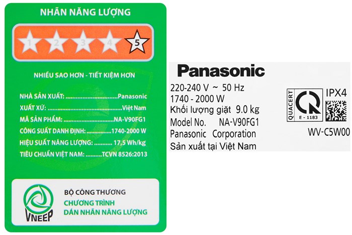 Máy giặt Panasonic Inverter 9 Kg NA-V90FG1WVT Màu Trắng