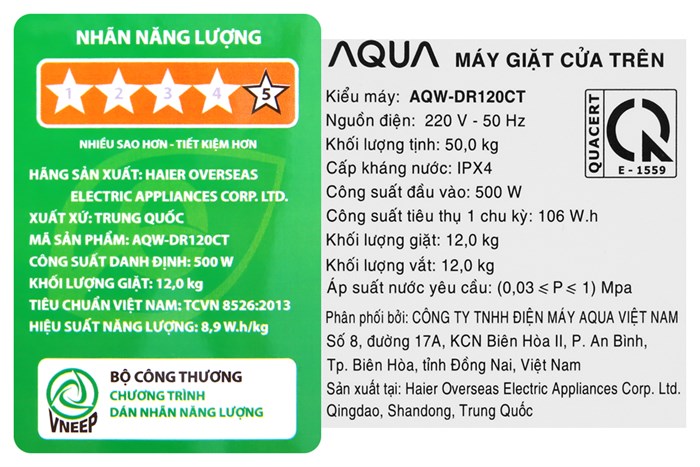 Máy giặt Aqua Inverter 12 Kg AQW-DR120CT S Màu Bạc