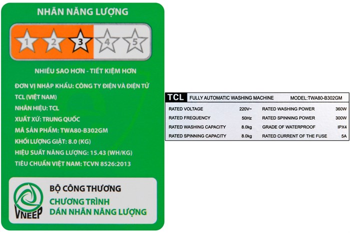 Máy giặt TCL 8 Kg TWA80-B302GM Màu Xám