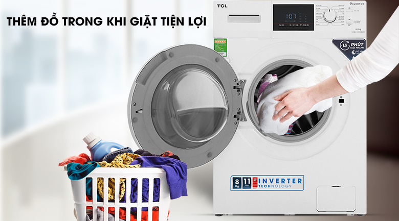 Máy giặt TCL Inverter 8 Kg TWF80-M14303DA03-có tính năng thêm quần áo ngay cả khi máy đang hoạt động