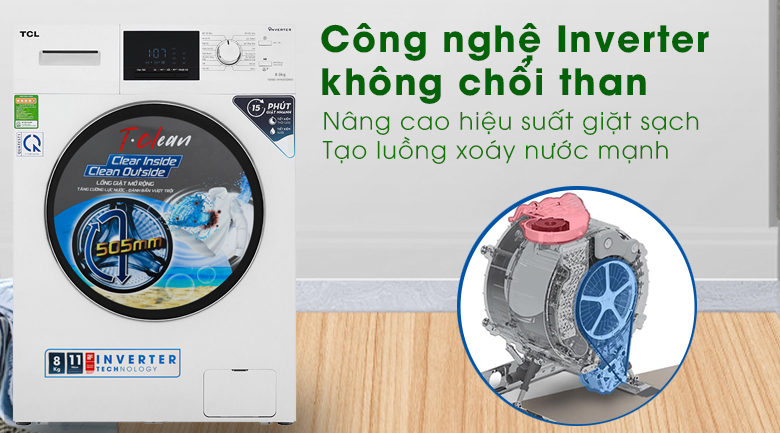 Máy giặt TCL Inverter 8 Kg TWF80-M14303DA03-Nâng cao hiệu suất giặt với công nghệ Inverter BLDC không chổi than